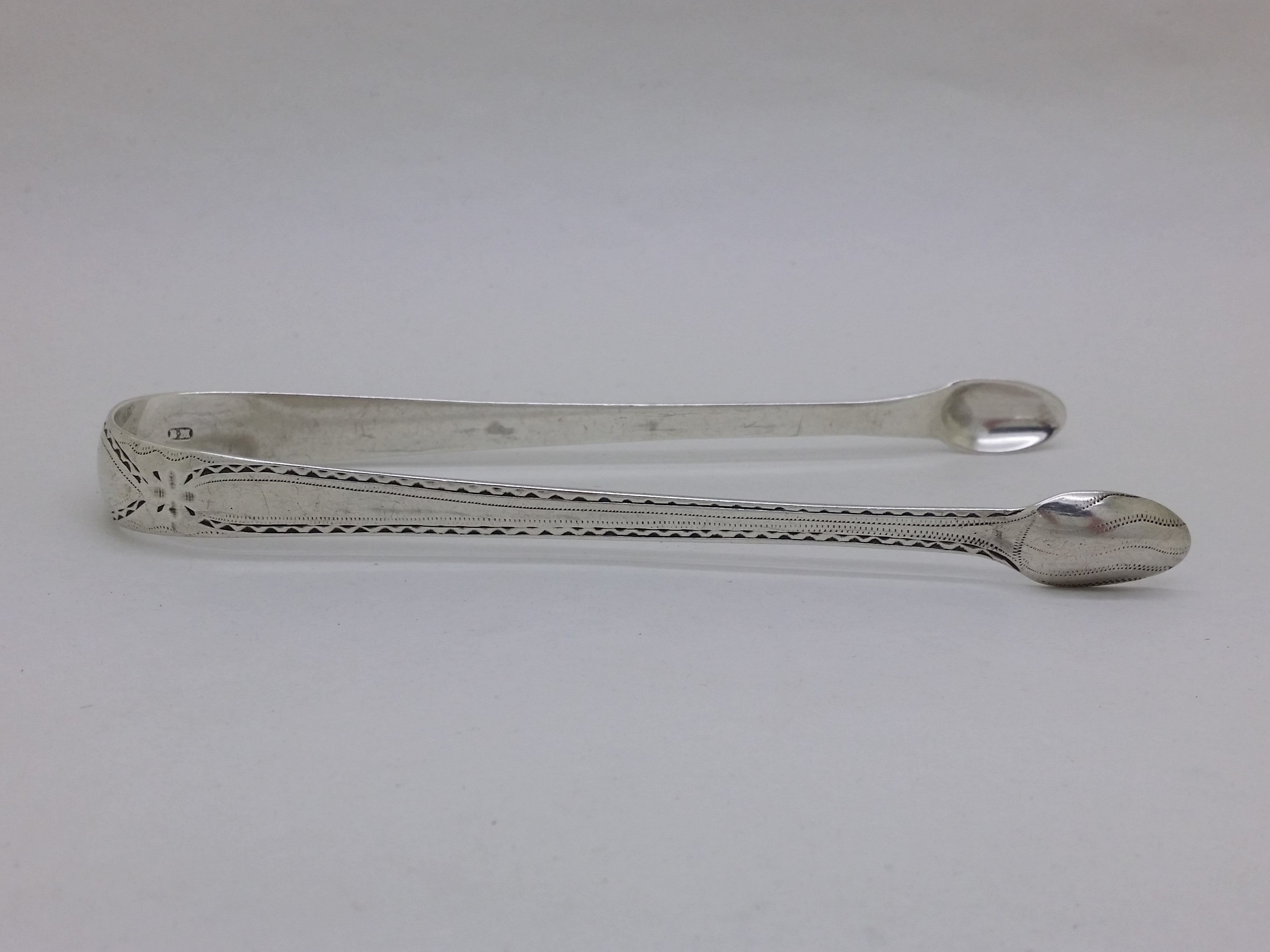 George III c.1785 Sterling Silver Bright Cut Sugar Tongs, London