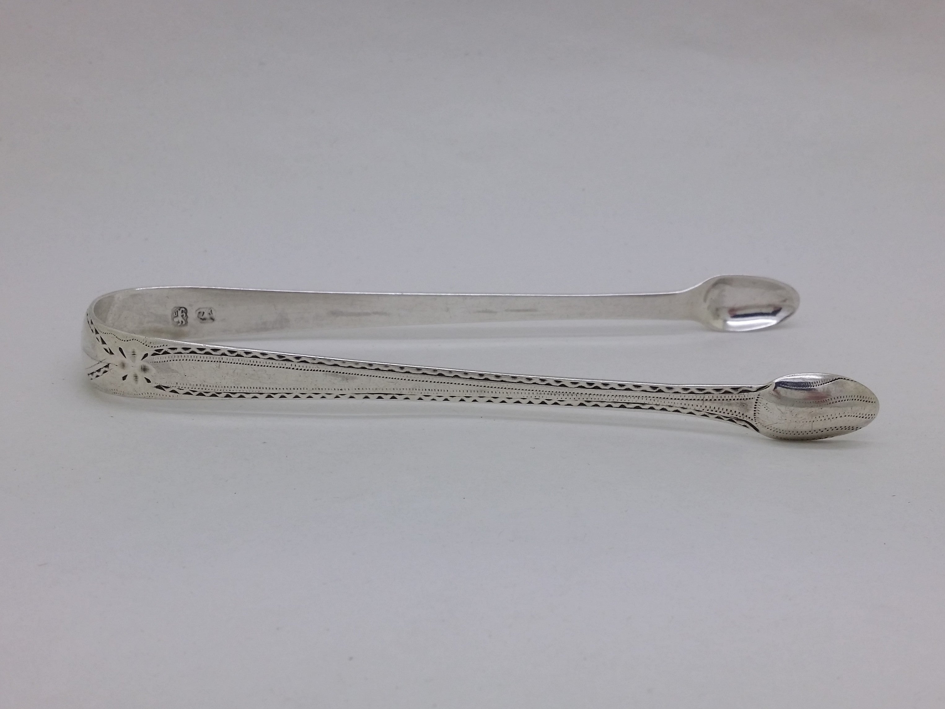 George III c.1785 Sterling Silver Bright Cut Sugar Tongs, London