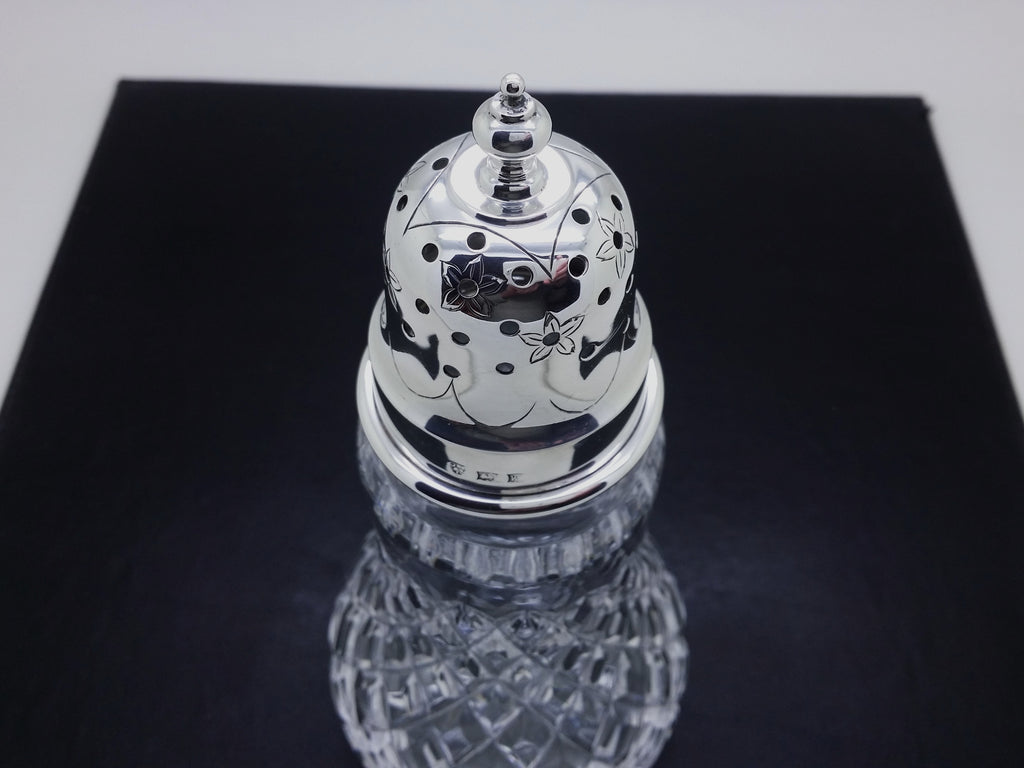 Sterling silver push-fit sugar caster lid with flower head engraving and a knop finial