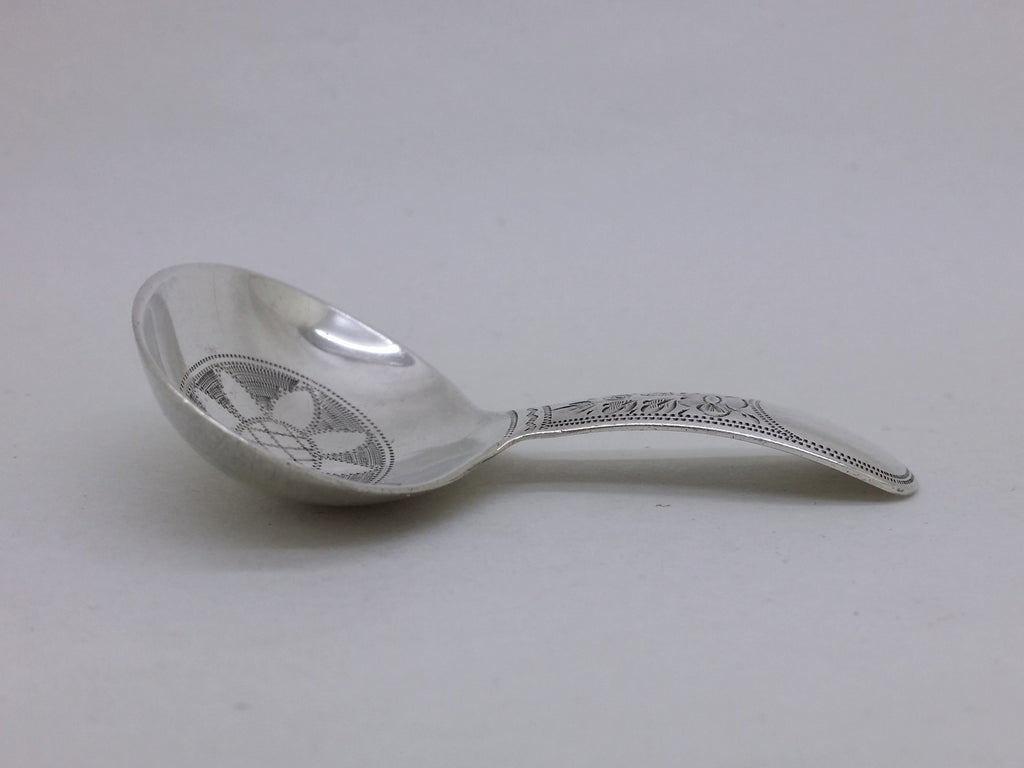George V 1918 sterling silver floral engraved caddy spoon, Sheffield by W S Savage & Co