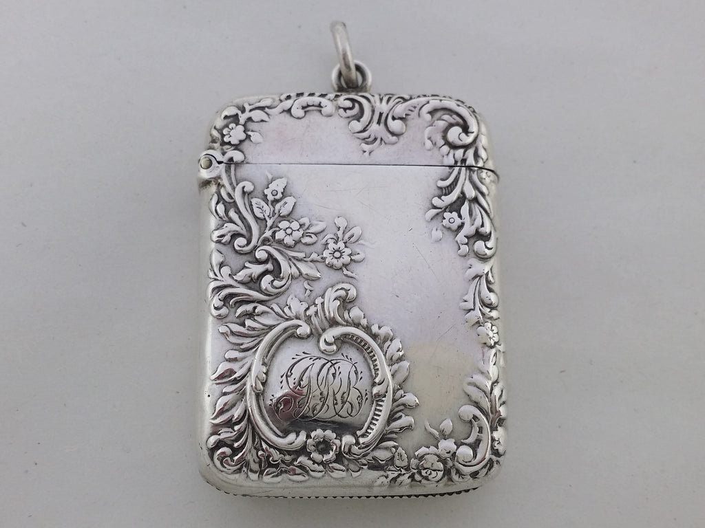 Victorian 1895 sterling silver floral & foliate vesta case, Birmingham by Edward Jacobs & Son