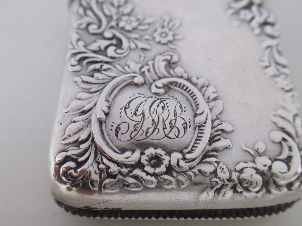 IRB initial inscription to the scroll edged cartouche on sterling silver vesta case