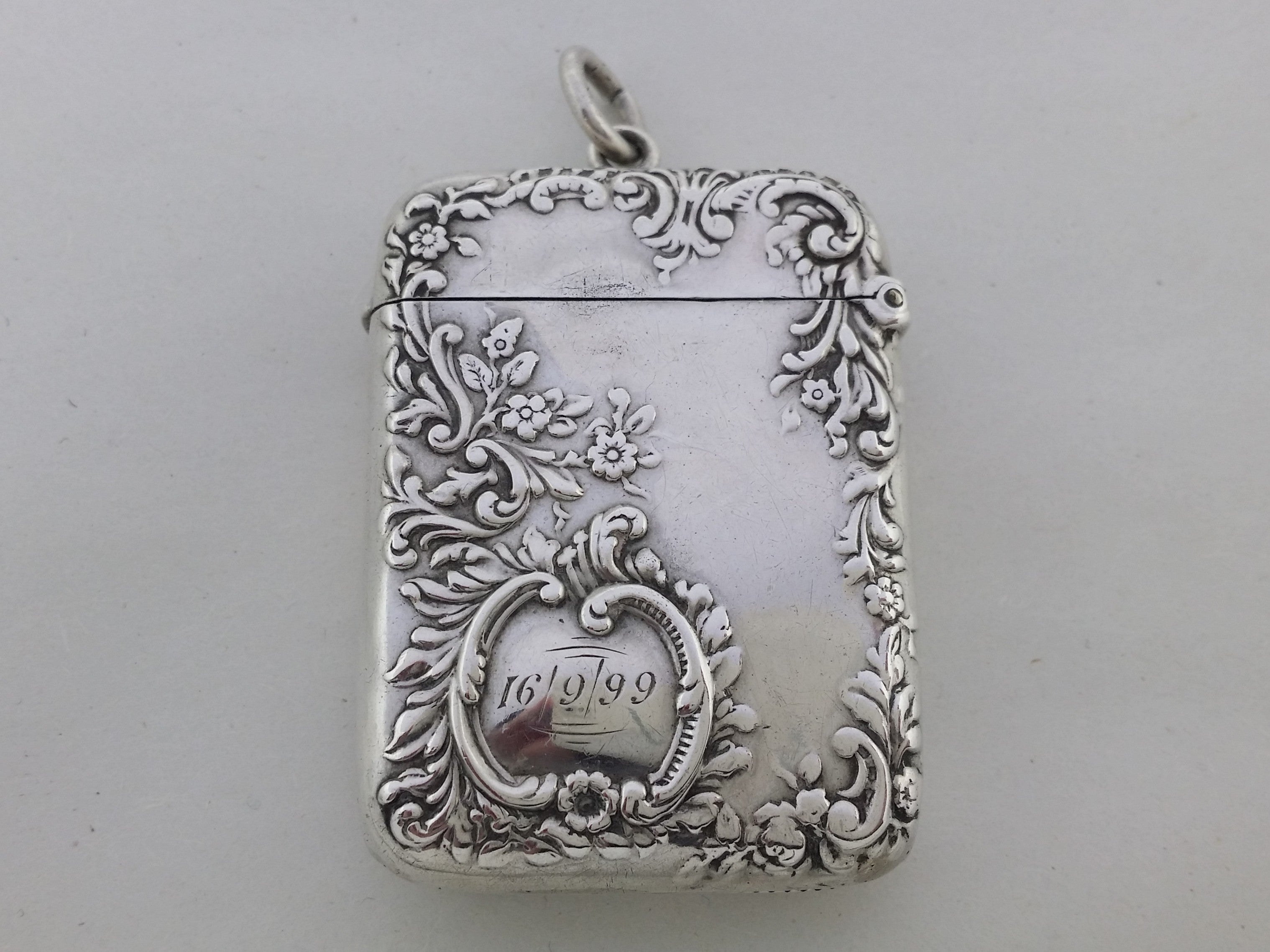 Victorian 1895 Sterling Silver Floral & Foliate Vesta Case, Birmingham