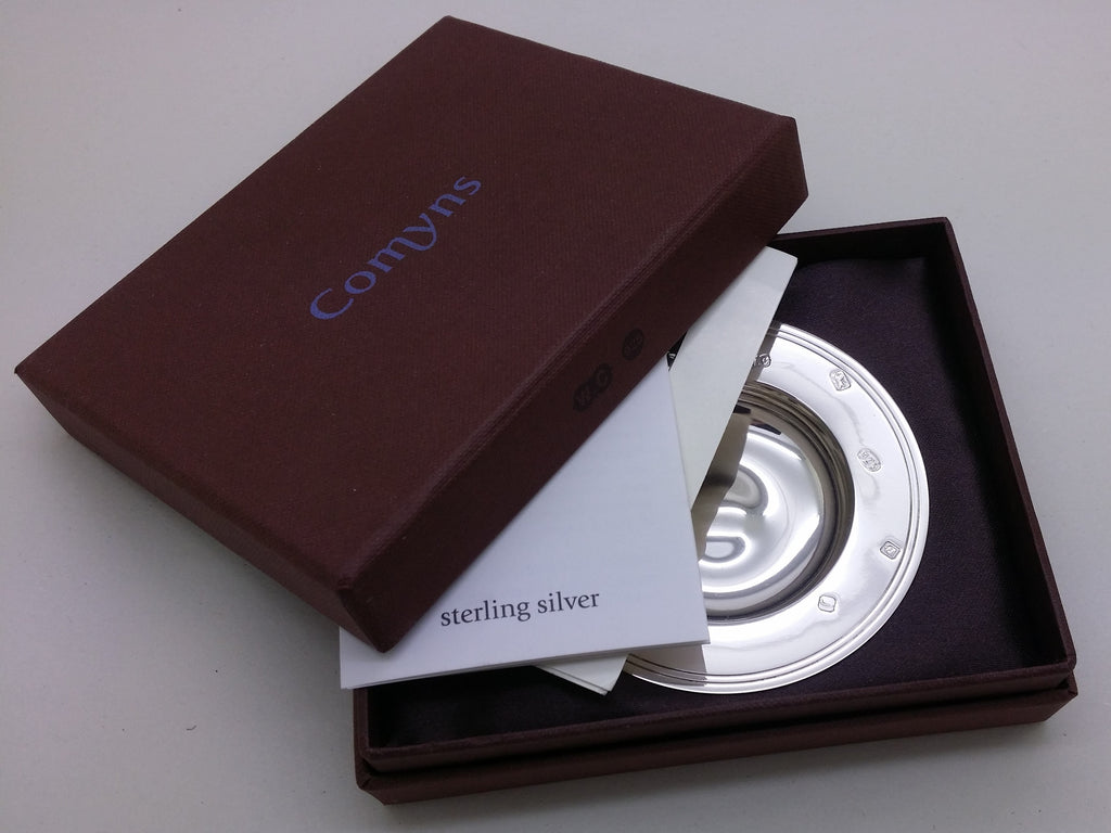 Cased sterling silver armada dish with paperwork by Comyns Silver