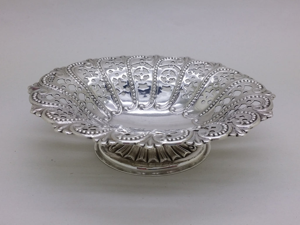 Victorian 1894 sterling silver pierced pedestal bonbon dish, Sheffield by Atkin Brothers