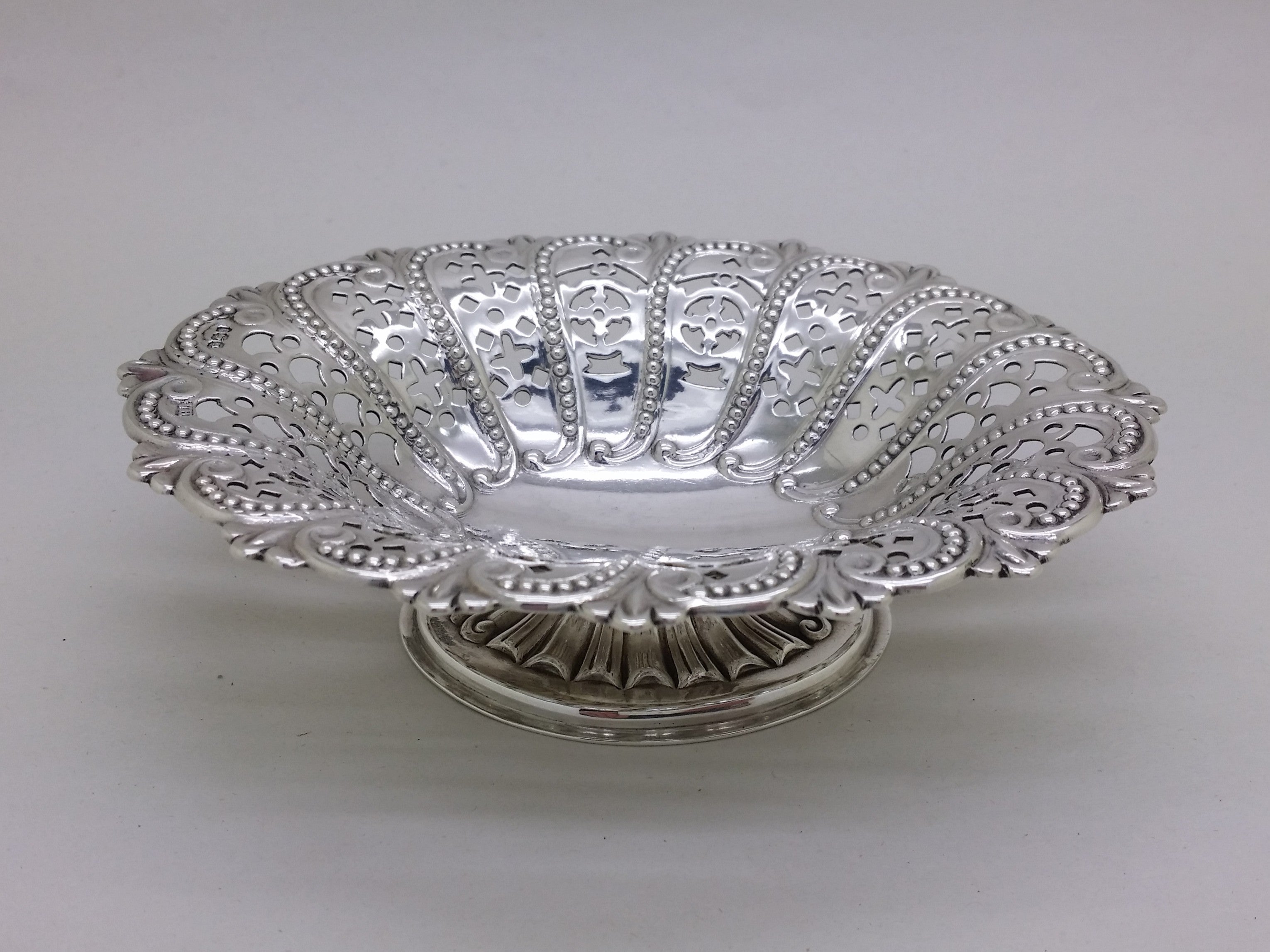 Victorian 1894 sterling silver pierced pedestal bonbon dish, Sheffield by Atkin Brothers