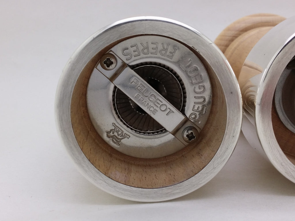 Peugeot Freres grinding mechanisms on sterling silver mounted wooden salt mill