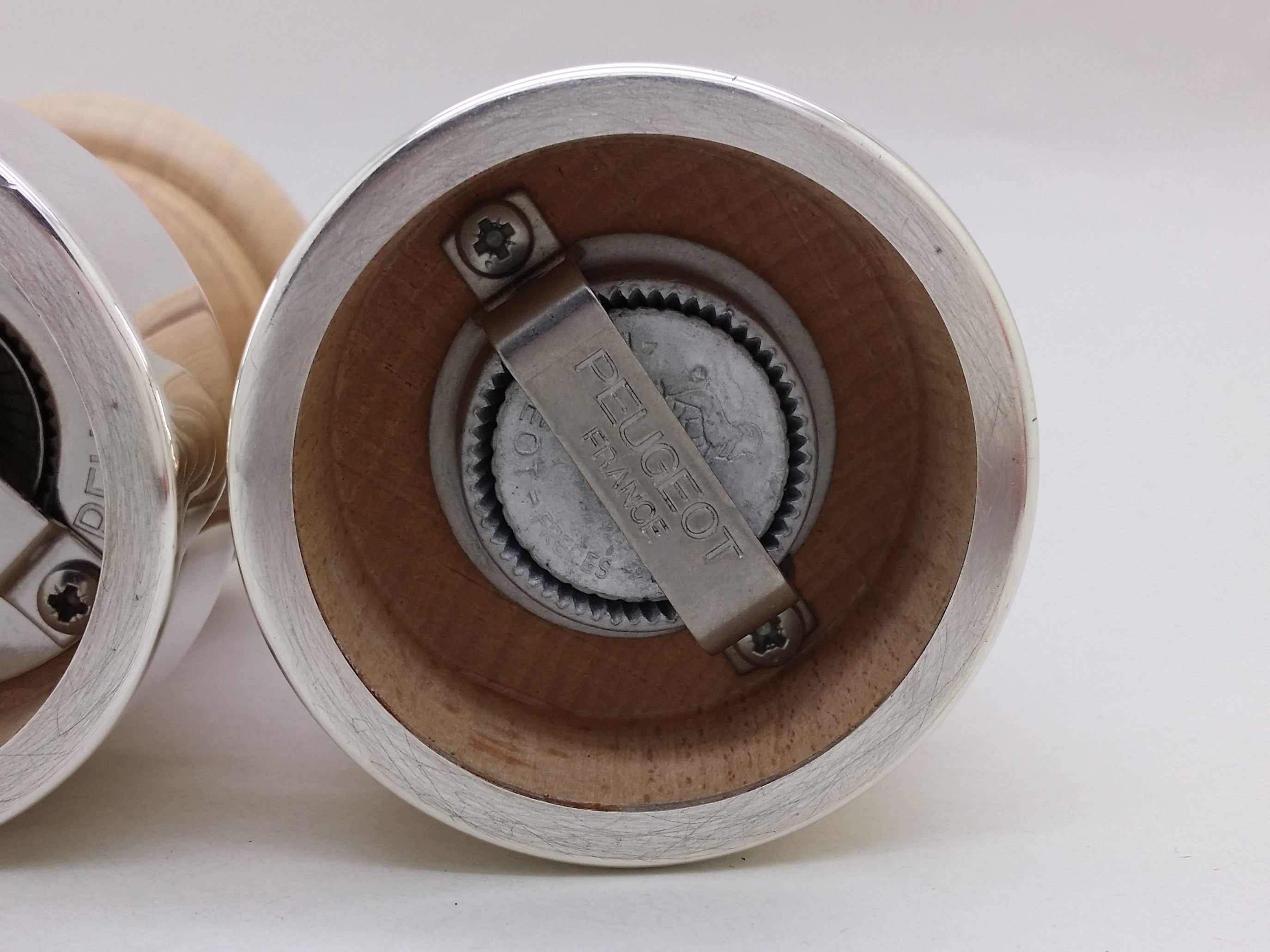 Peugeot Freres grinding mechanisms on sterling silver mounted wooden pepper mill