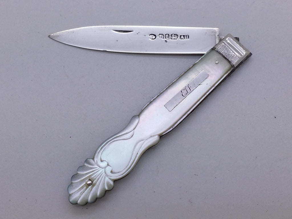 Early Victorian 1839 sterling silver & mother of pearl fruit knife, Sheffield by Aaron Hadfield