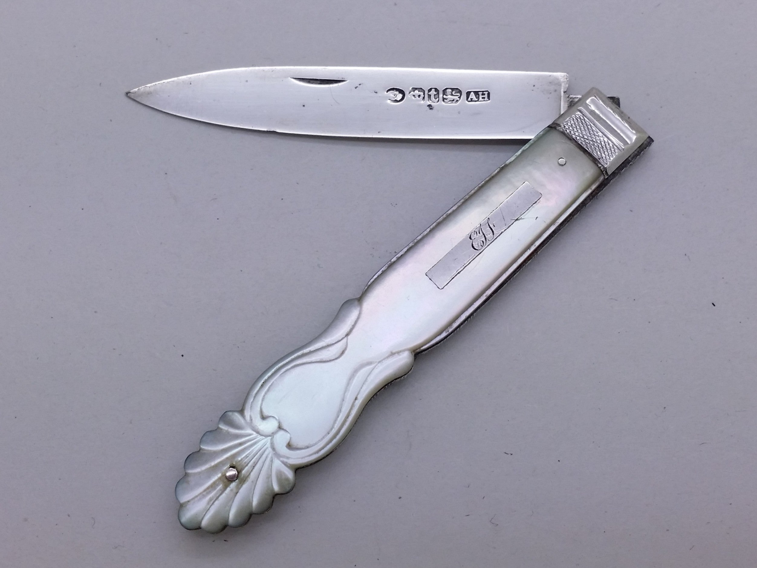 Early Victorian 1839 sterling silver & mother of pearl fruit knife, Sheffield by Aaron Hadfield