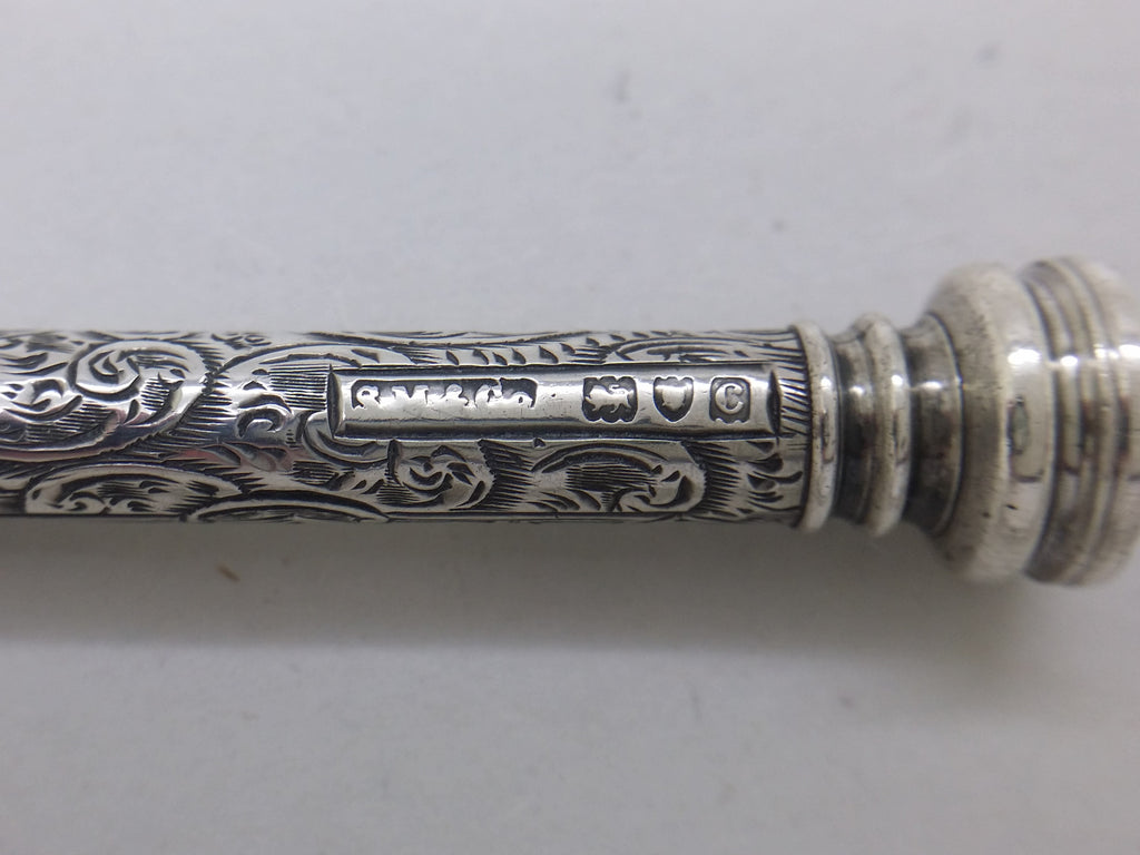 Pencil hallmarks: Sampson Mordan & Co maker's mark SM&CO; lion passant mark for sterling silver; leopard head mark for London; and London date letter c for 1898.