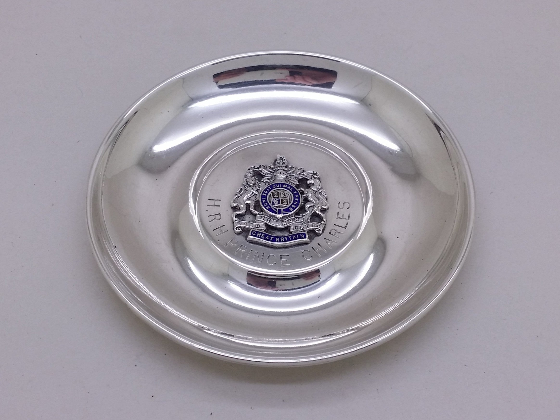 Elizabeth II 1968 Sterling Silver Prince Charles 4" Trinket Dish, Birmingham by S J Rose & Son
