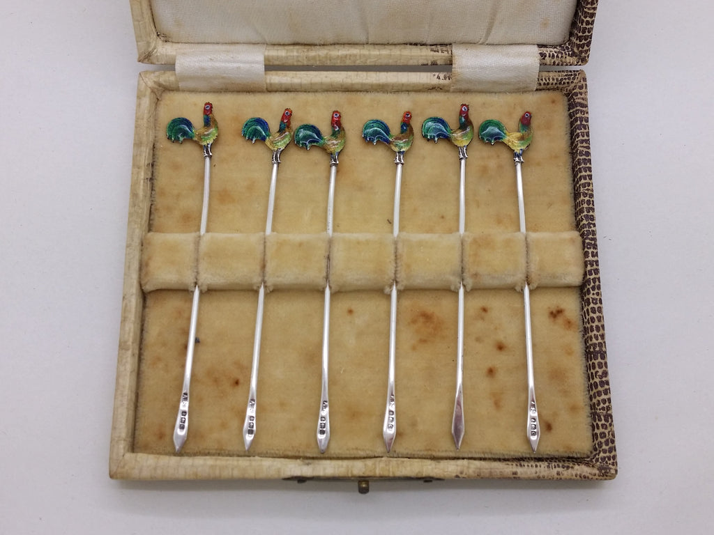 George V 1927 set of 6 sterling silver enamel cockerel cocktail sticks, Birmingham by Adolph Scott