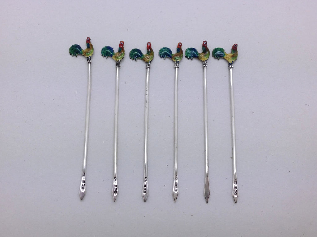 George V 1927 Set of 6 Sterling Silver Enamel Cockerel Cocktail Sticks, Birmingham