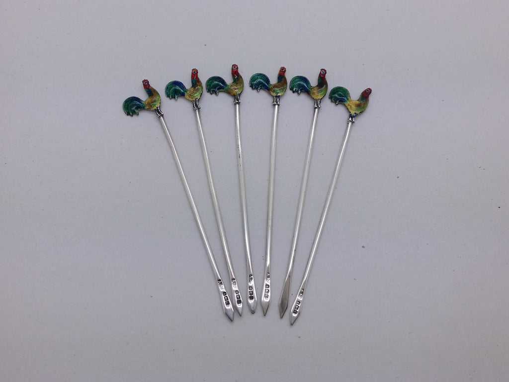 George V 1927 Set of 6 Sterling Silver Enamel Cockerel Cocktail Sticks, Birmingham