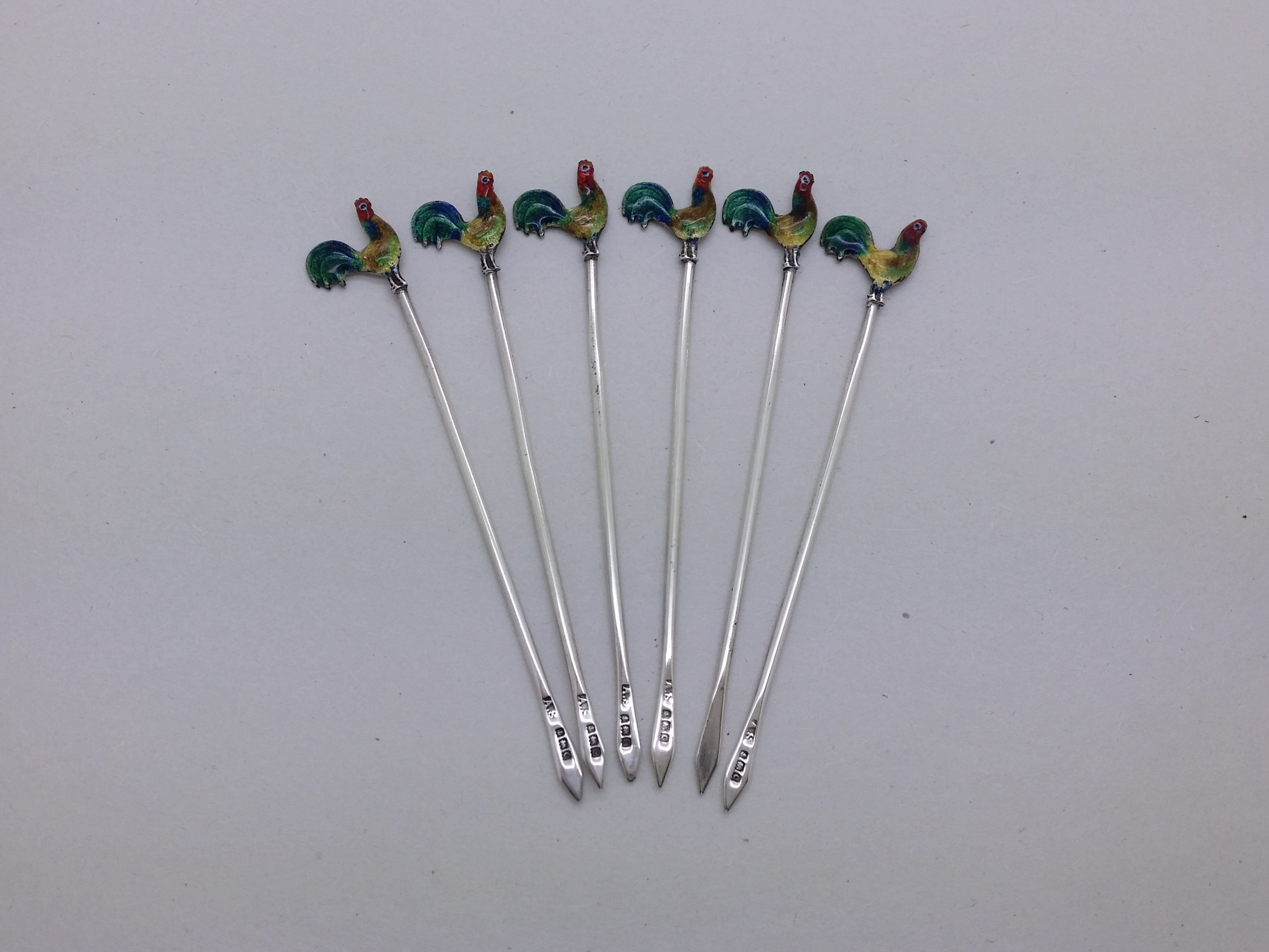George V 1927 Set of 6 Sterling Silver Enamel Cockerel Cocktail Sticks, Birmingham