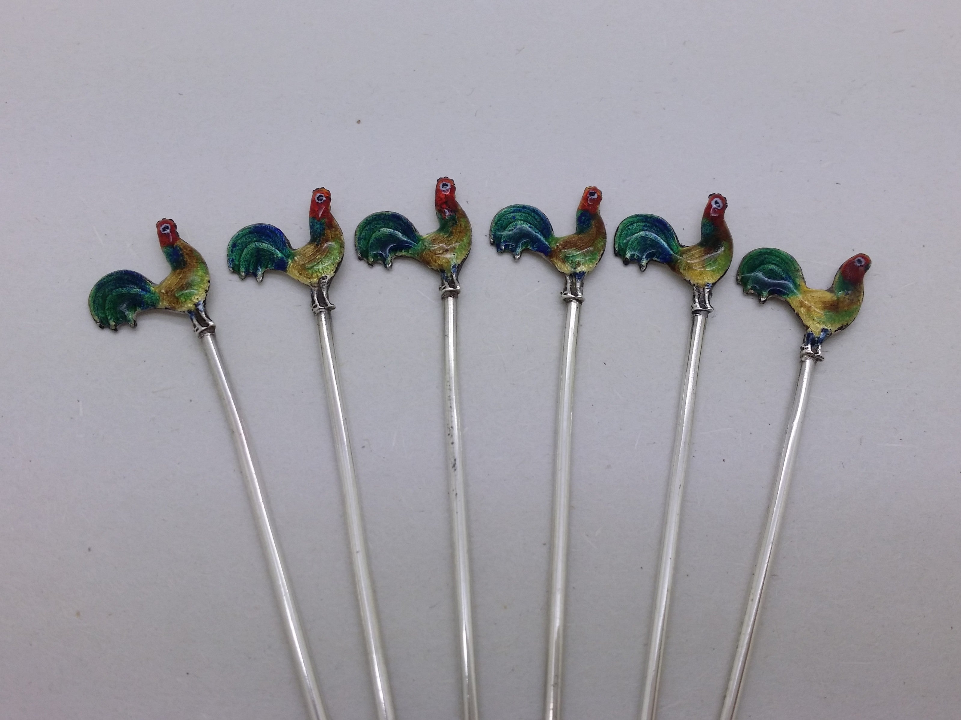 George V 1927 Set of 6 Sterling Silver Enamel Cockerel Cocktail Sticks, Birmingham