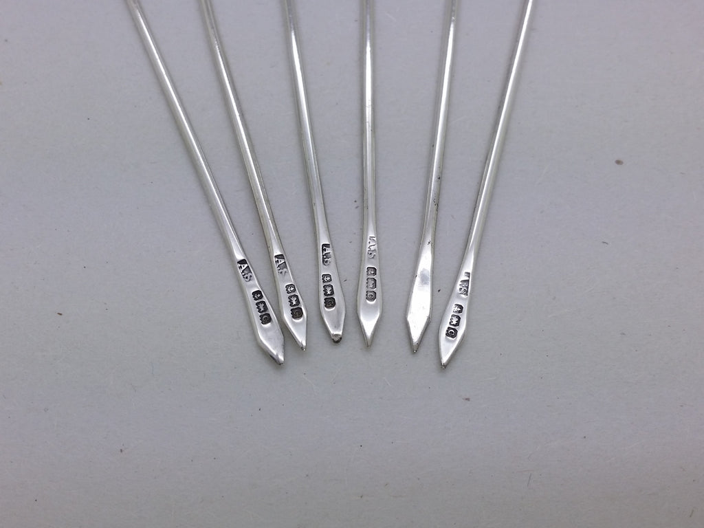 George V 1927 Set of 6 Sterling Silver Enamel Cockerel Cocktail Sticks, Birmingham