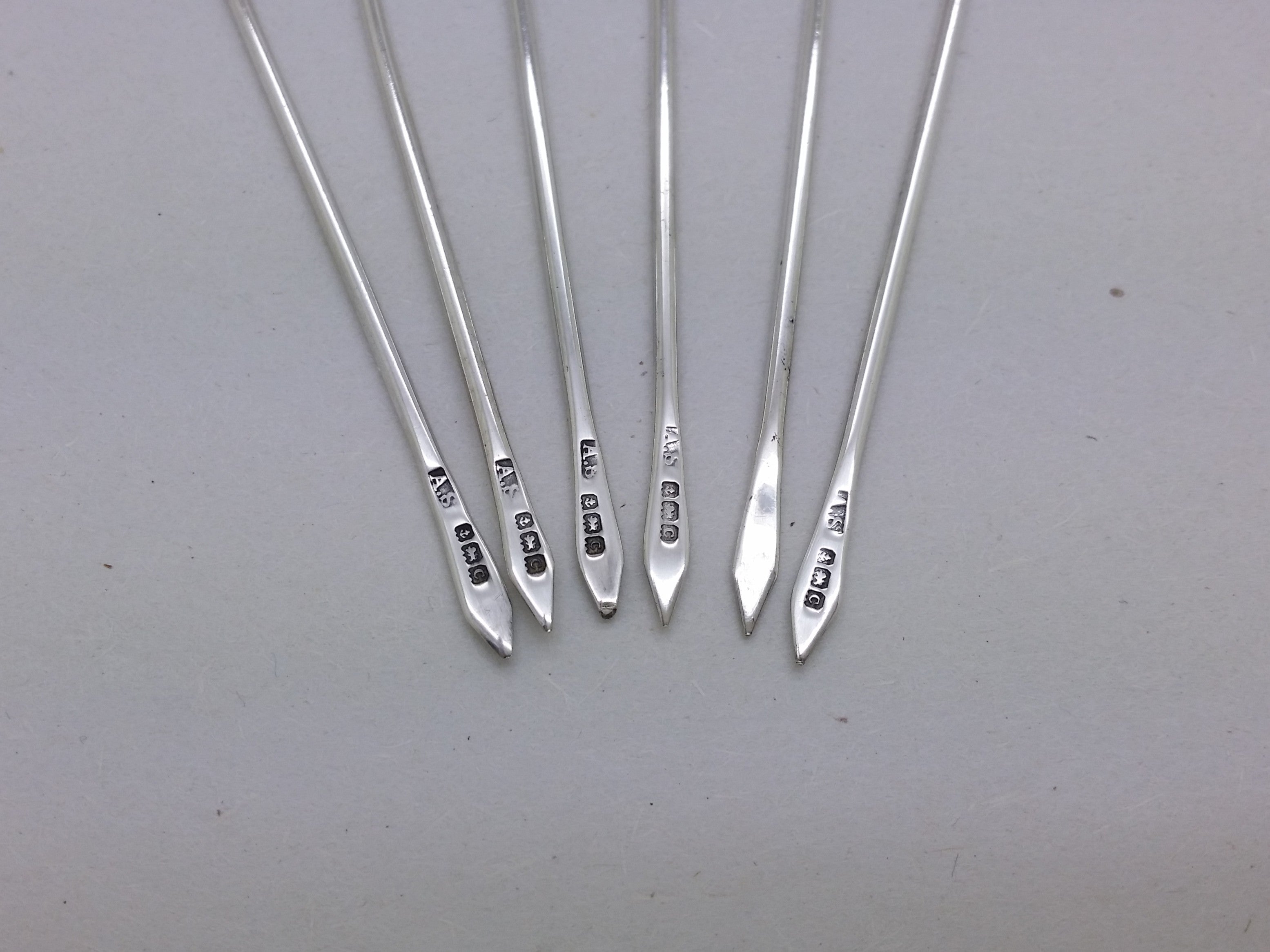 George V 1927 Set of 6 Sterling Silver Enamel Cockerel Cocktail Sticks, Birmingham