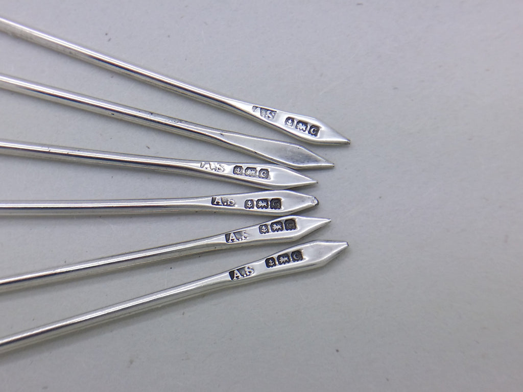 George V 1927 Set of 6 Sterling Silver Enamel Cockerel Cocktail Sticks, Birmingham