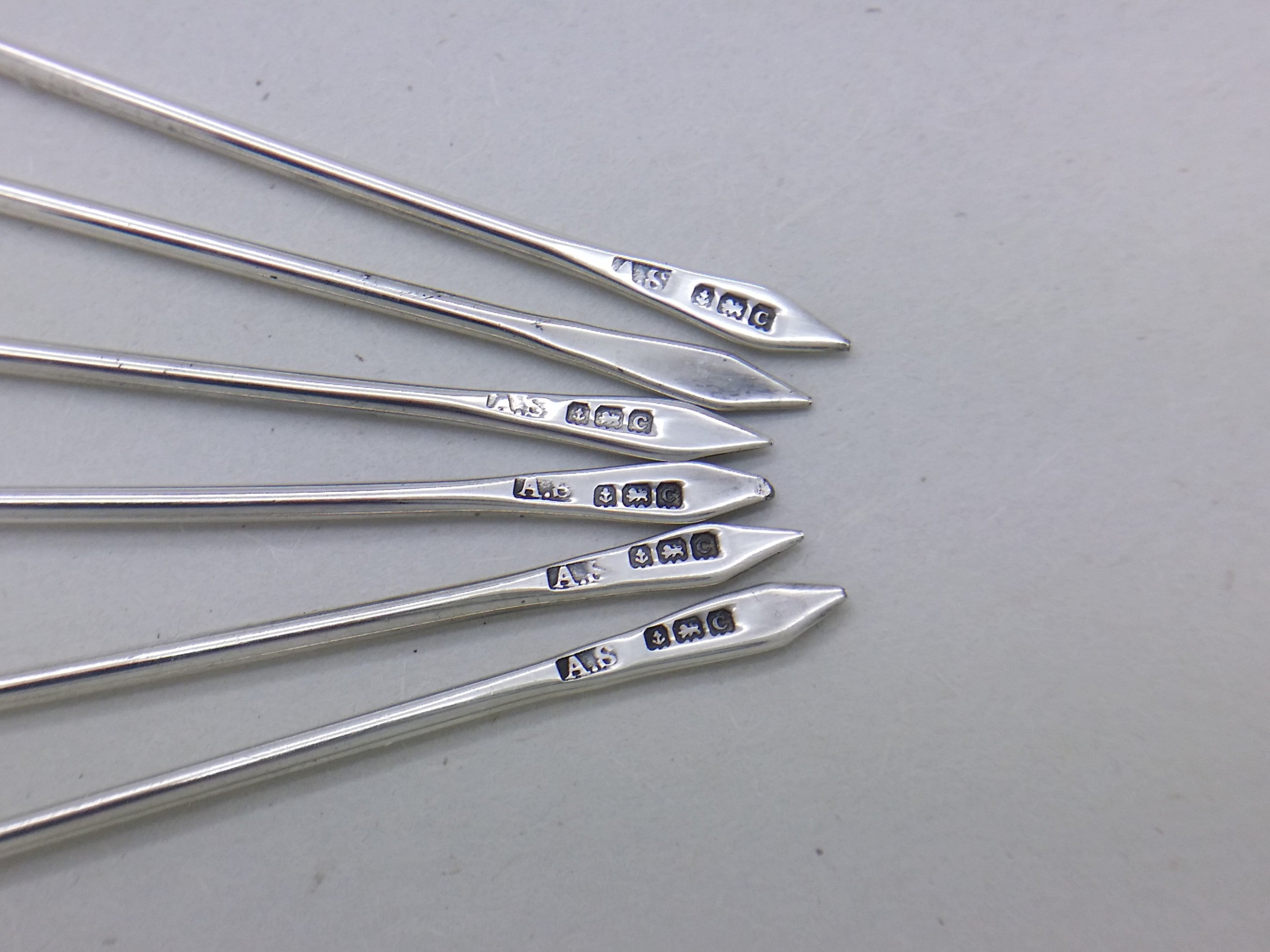 George V 1927 Set of 6 Sterling Silver Enamel Cockerel Cocktail Sticks, Birmingham