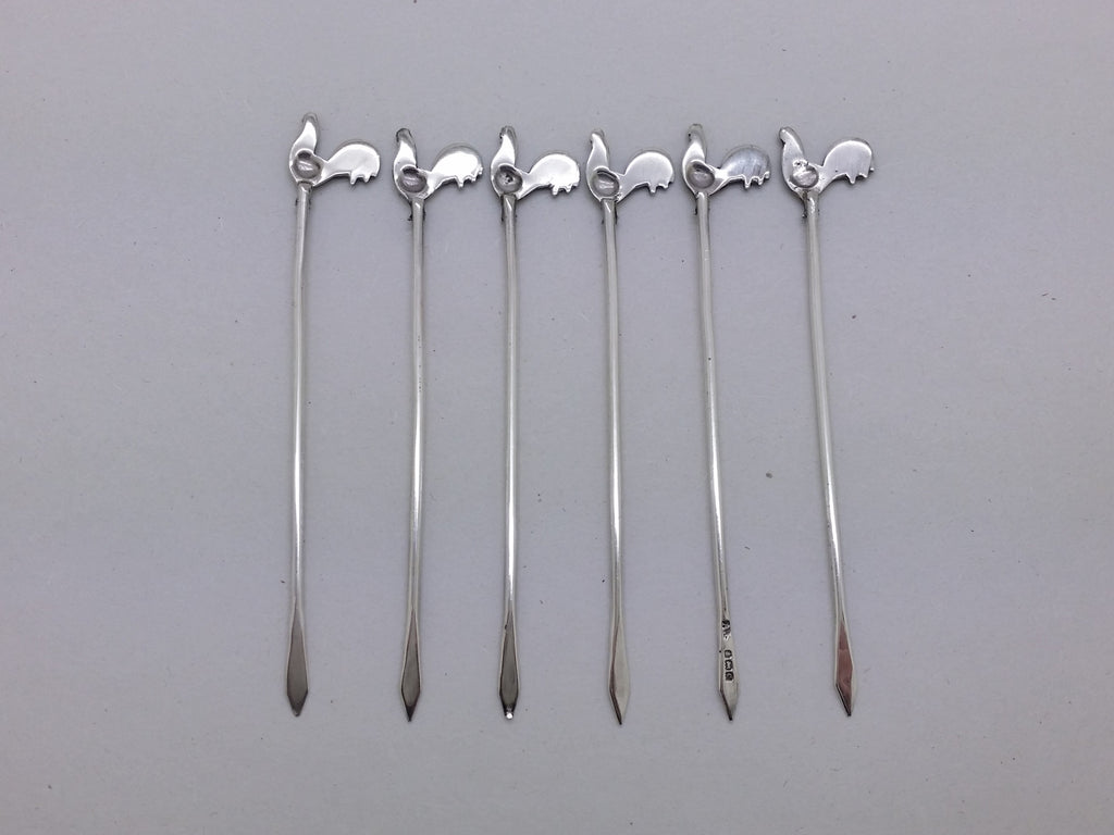 George V 1927 Set of 6 Sterling Silver Enamel Cockerel Cocktail Sticks, Birmingham