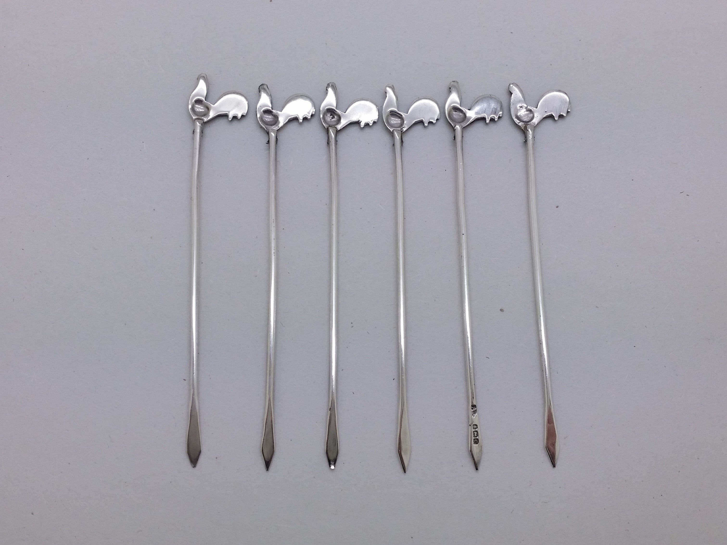 George V 1927 Set of 6 Sterling Silver Enamel Cockerel Cocktail Sticks, Birmingham