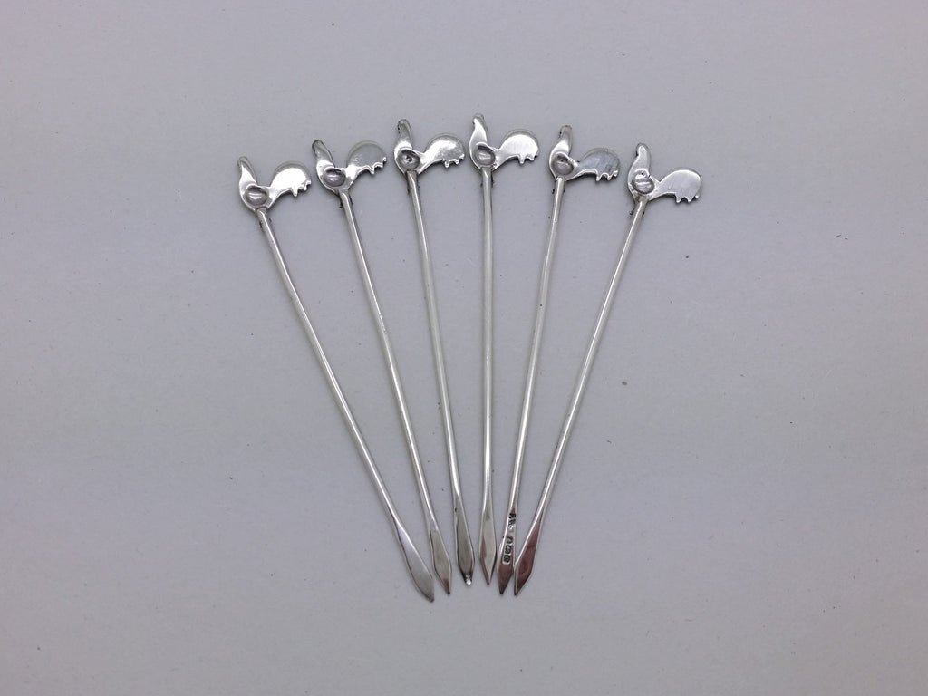 George V 1927 Set of 6 Sterling Silver Enamel Cockerel Cocktail Sticks, Birmingham