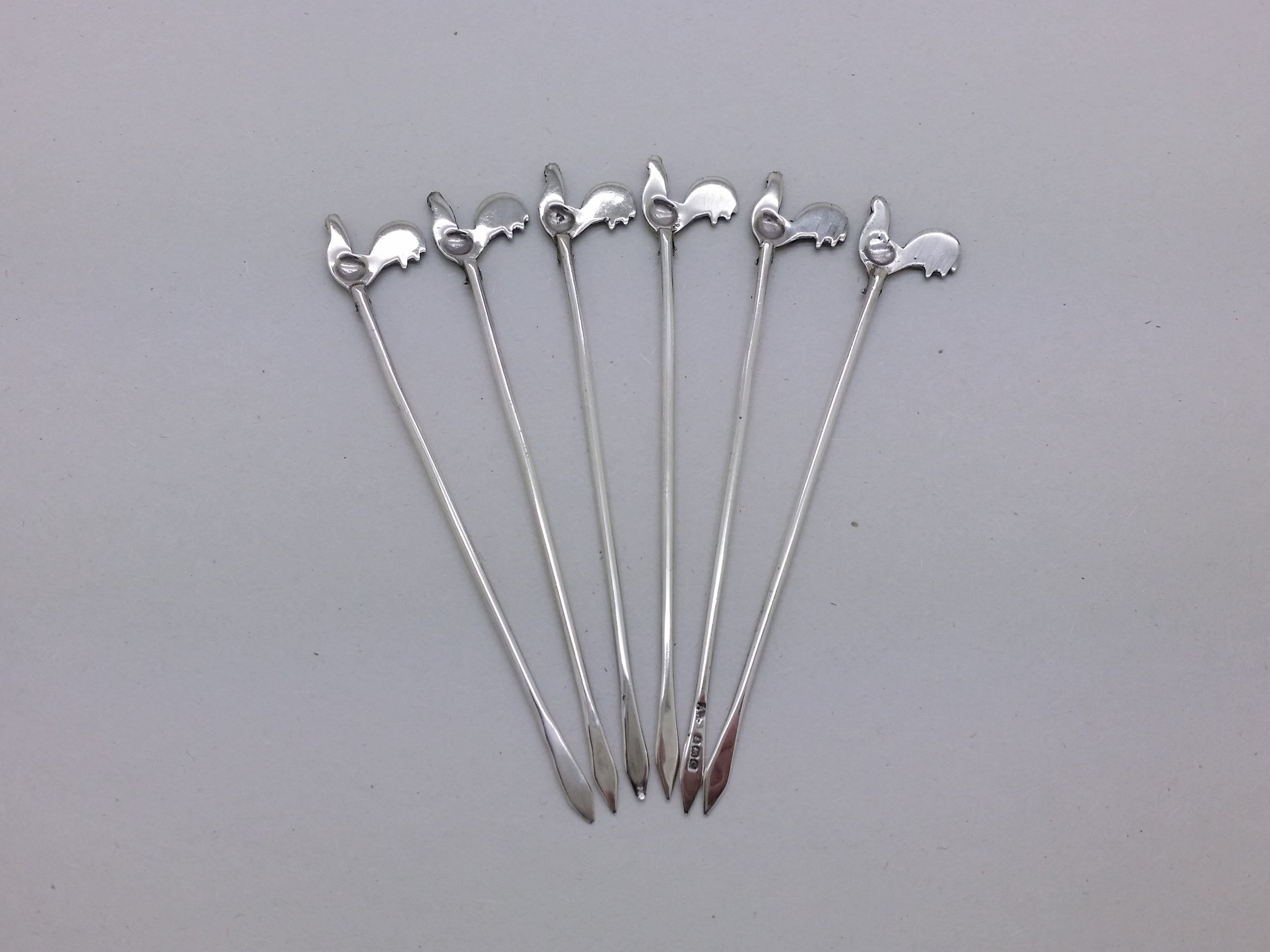 George V 1927 Set of 6 Sterling Silver Enamel Cockerel Cocktail Sticks, Birmingham