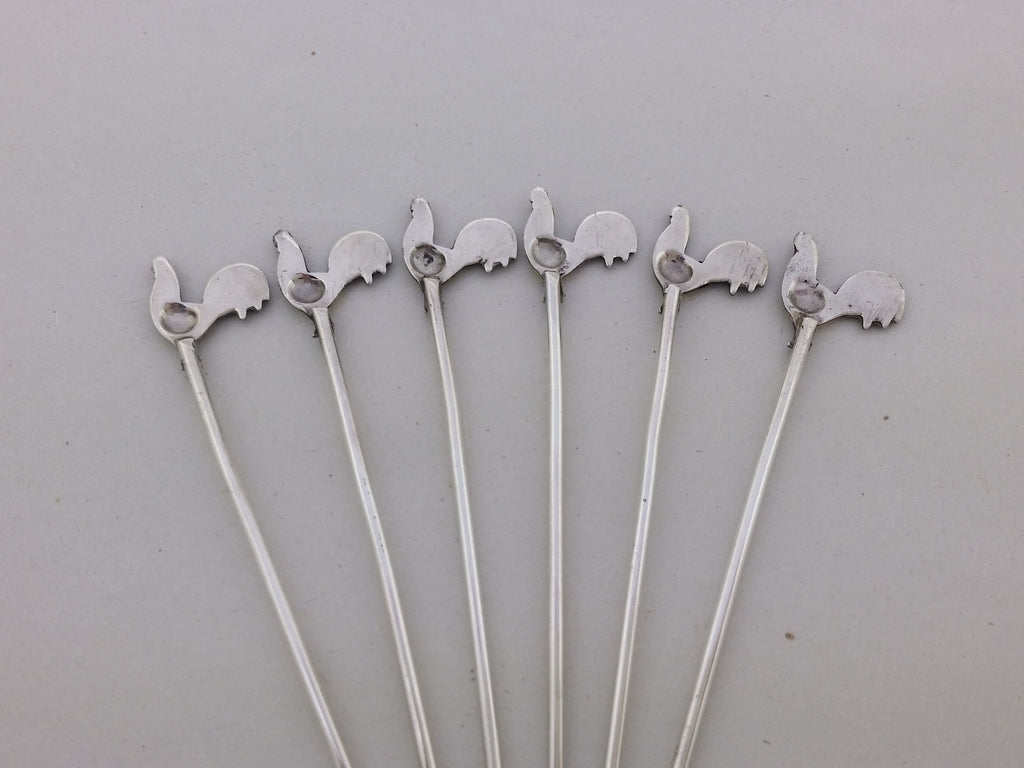 George V 1927 Set of 6 Sterling Silver Enamel Cockerel Cocktail Sticks, Birmingham