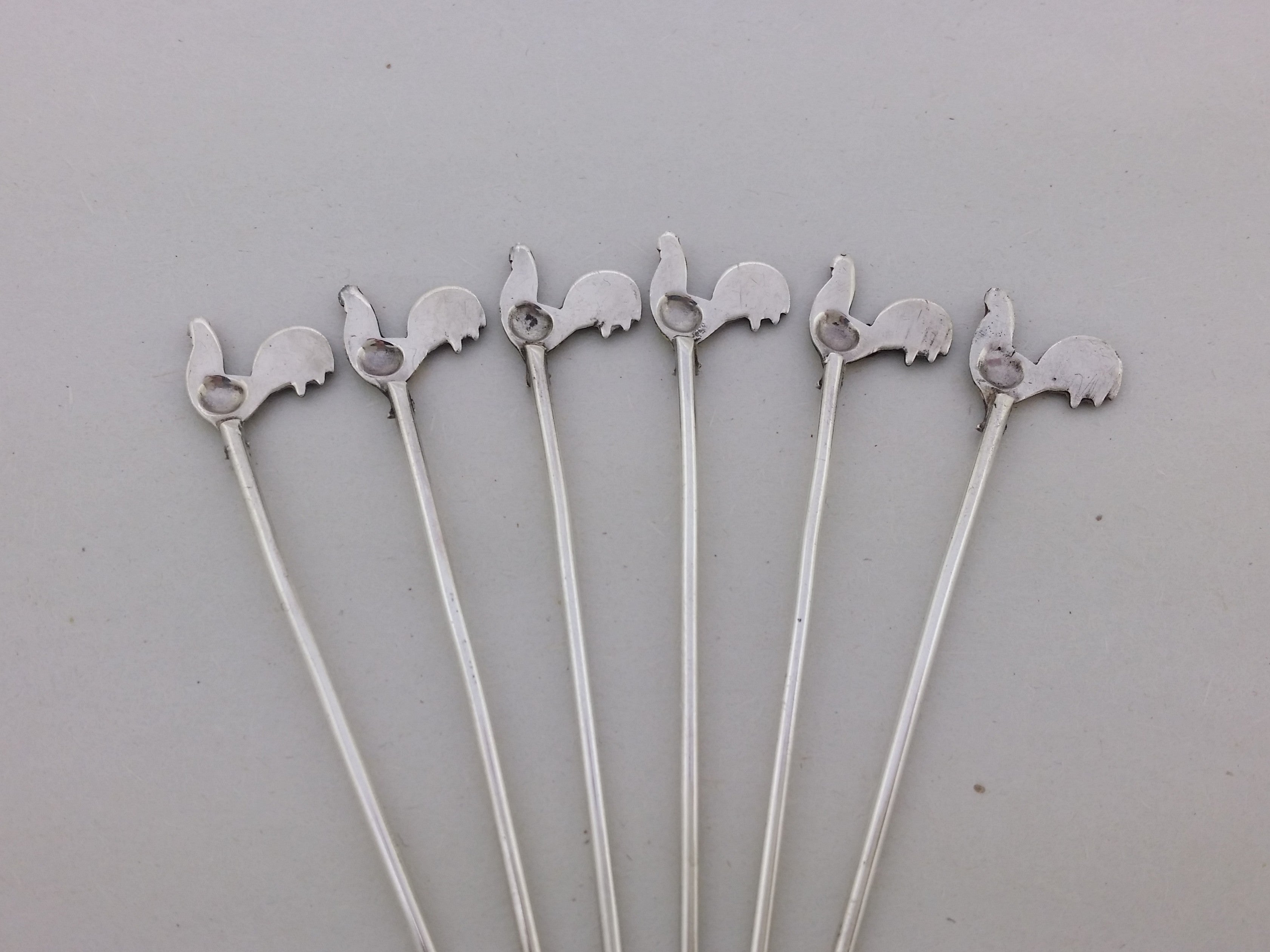 George V 1927 Set of 6 Sterling Silver Enamel Cockerel Cocktail Sticks, Birmingham