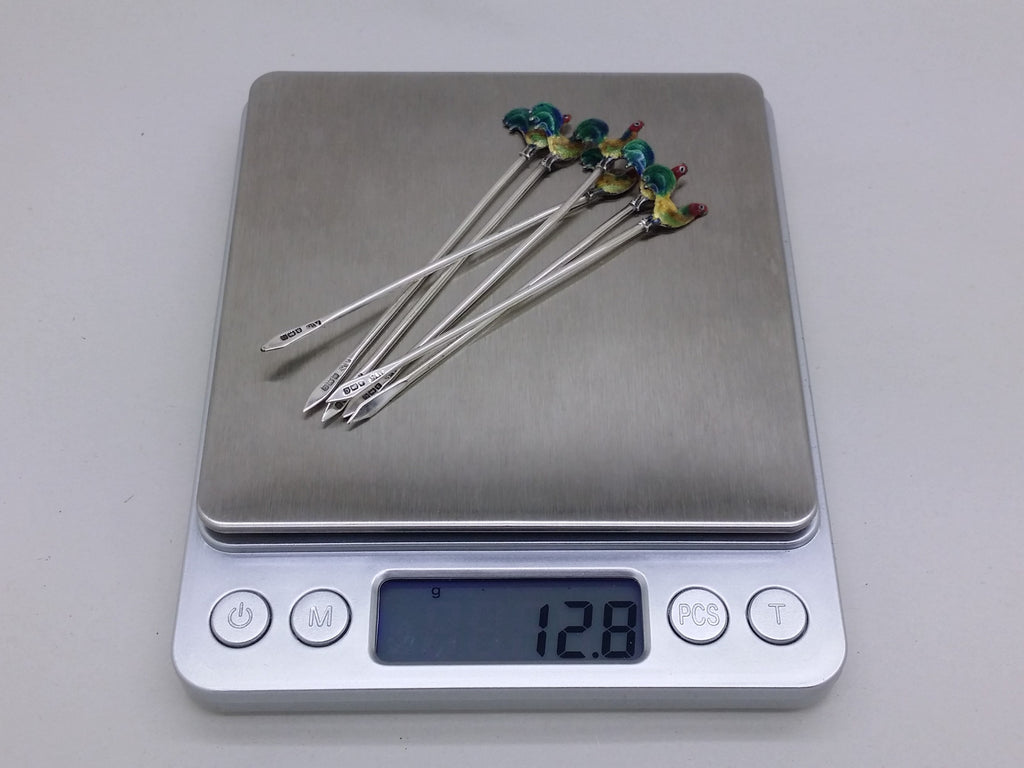 George V 1927 Set of 6 Sterling Silver Enamel Cockerel Cocktail Sticks, Birmingham
