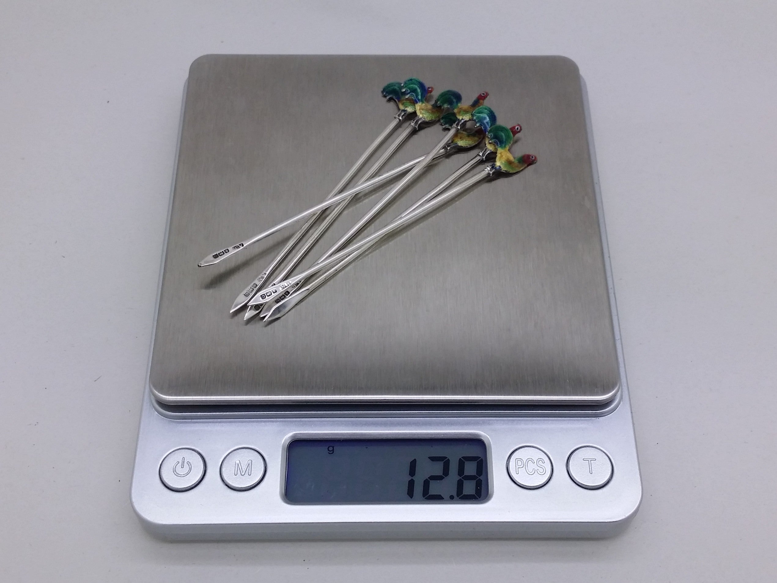 George V 1927 Set of 6 Sterling Silver Enamel Cockerel Cocktail Sticks, Birmingham