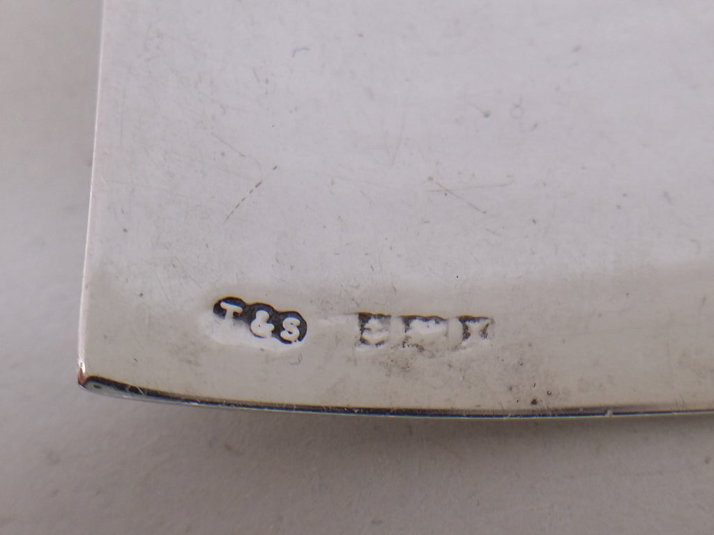 Sherry decanter label hallmarks: Turner & Simpson makers mark T&S; anchor mark for Birmingham; lion passant mark for sterling silver; Birmingham date letter X for 1972.