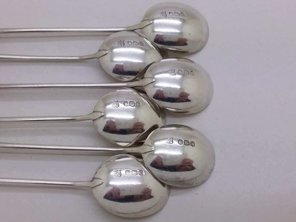 Coffee bean spoons hallmarks: Cooper Brothers & Sons maker's mark CB&S; crown mark for Sheffield; lion passant mark for sterling silver; and Sheffield date letter C for 1970.