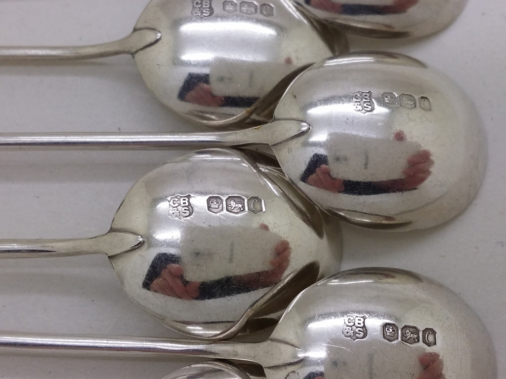 Coffee bean spoons hallmarks: Cooper Brothers & Sons maker's mark CB&S; crown mark for Sheffield; lion passant mark for sterling silver; and Sheffield date letter C for 1970.
