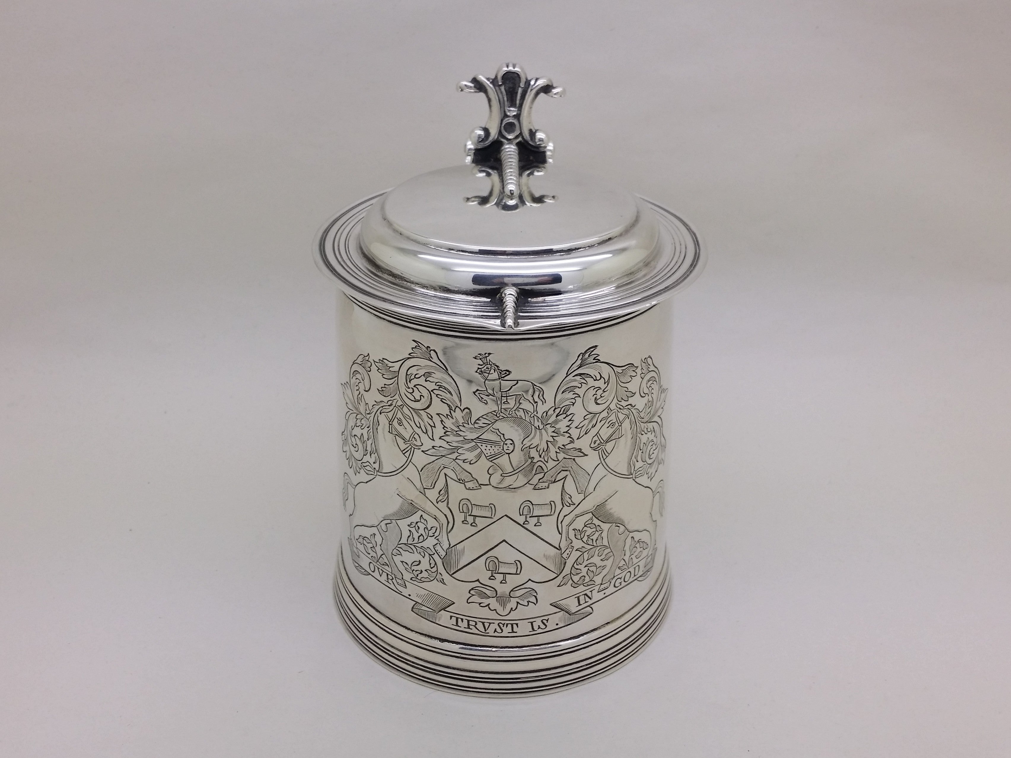 Victorian 1894 Sterling Silver Saddlers Co 1pt Lidded Tankard, London
