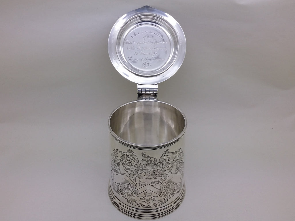 Victorian 1894 Sterling Silver Saddlers Co 1pt Lidded Tankard, London