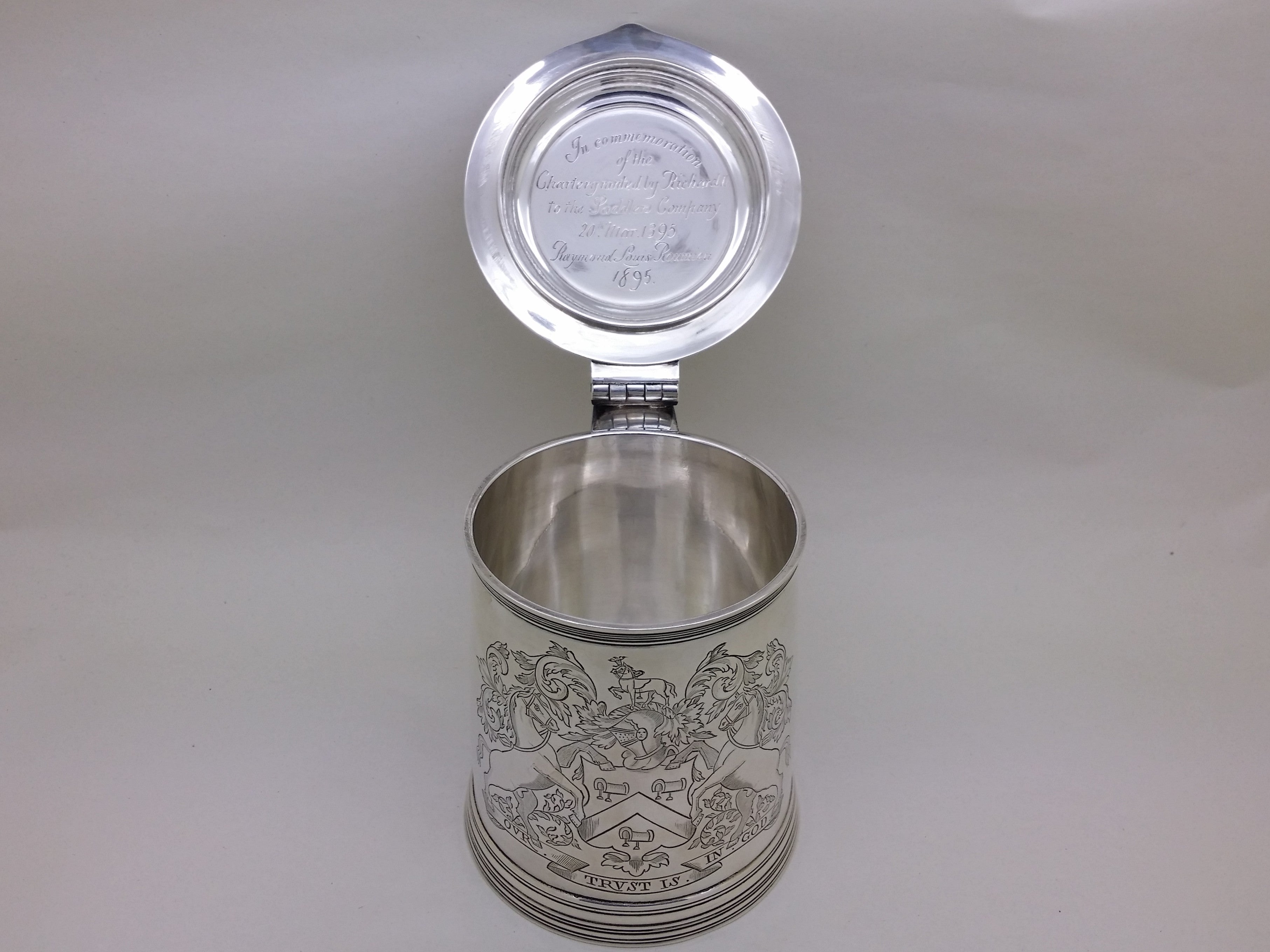 Victorian 1894 Sterling Silver Saddlers Co 1pt Lidded Tankard, London
