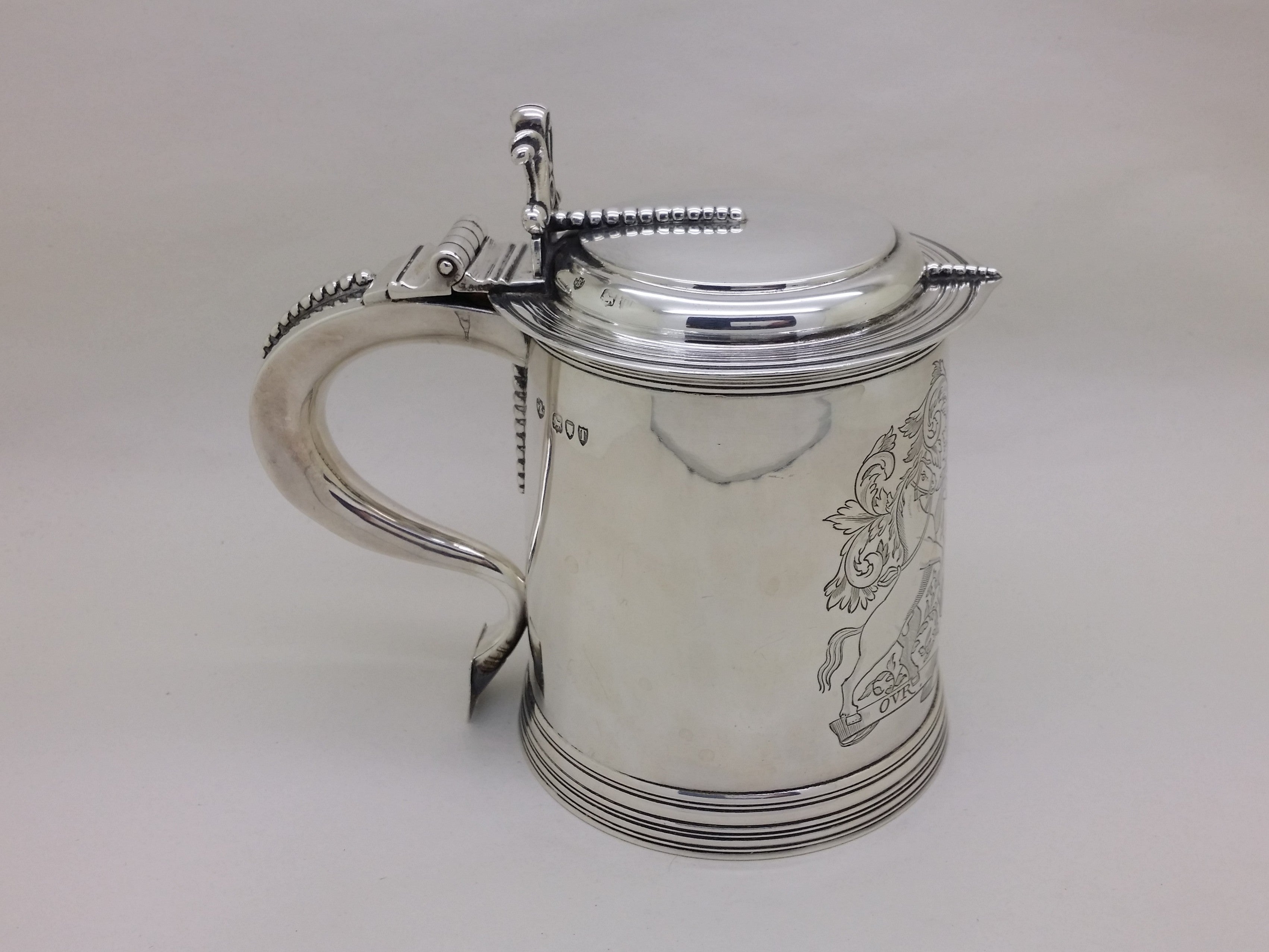 Victorian 1894 Sterling Silver Saddlers Co 1pt Lidded Tankard, London