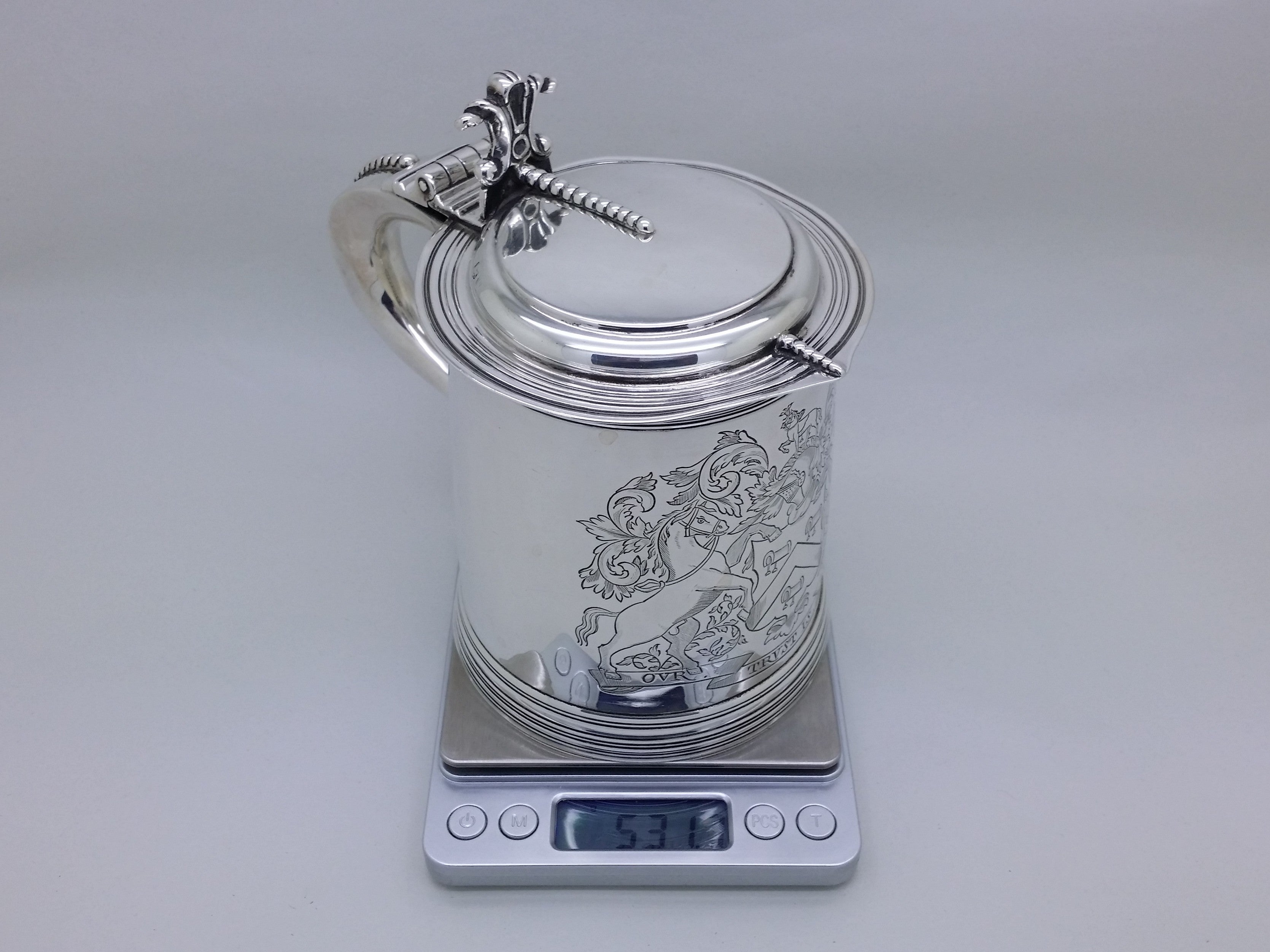Victorian 1894 Sterling Silver Saddlers Co 1pt Lidded Tankard, London